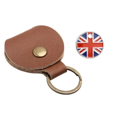 Image of Genuine Tan Leather Pound Pouch with a Trolley Token of your selection Fob Keyring Keychain Key Ring Holder (Union Jack)