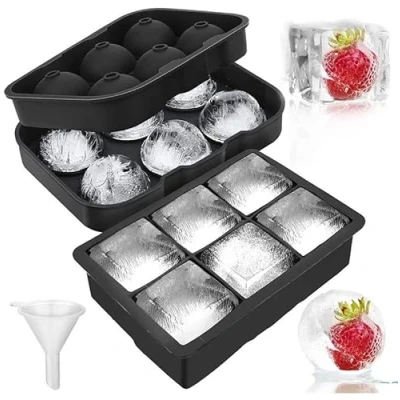 Image of LessMo 2 Pack Ice Cube Trays, Silicone Sphere Giant Ball Maker with Lid and Large Square Molds for Whiskey, Reusable BPA Free
