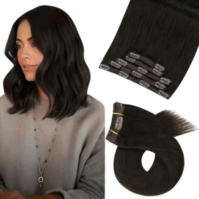 Image of Moresoo Clip in Hair Extensions Real Human Darkest Brown Double Weft Remy Add Volume for Women Layered Short 14 Inch 5 Pieces/80g #2