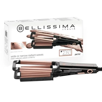 Image of Bellissima Professional Ceramic 2 in 1 Hair Waver Beach Waves Styler Crimper and Deep Curling Iron, Heat Resistant Handle, 160C 200C, Long Lasting Results, Quick &amp; Easy, Black Gold