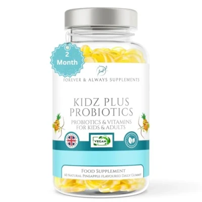Image of Probiotic Gummies for Kids &amp; Adults 60 x Natural Pineapple Flavoured Gummy Vitamins with Active Bacteria, Vitamin B3, B5, B6 C Immune System, Energy Gut Health Support