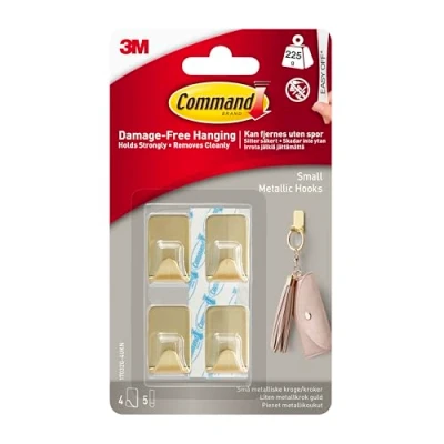 Image of Command Small Metallic Hook, Gold Colour 4 Hooks, 5 Adhesive Strips Indoor use Damage Free Hanging