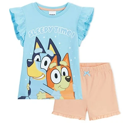 Image of Bluey Pyjamas for Kids Girls and Boys PJs 2 Piece Nightwear T Shirt Short Summer Soft Breathable Toddlers Lounge Wear Sizes 6 Years Bingo Gifts (Blue/Apricot, 5 Years)