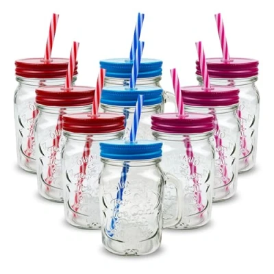 Image of Pack of 9 Mason Jars with Handles, 500 ml Durable Drinking Glasses Lids, Straws Perfect for Cold Beverages