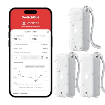 Image of SwitchBot IP65 Indoor Outdoor Hygrometer Thermometer Wireless 3Packs, 394ft Bluetooth Range, Refrigerator Thermometer, Dewpoint/VPD/Absolute Humidity Sensor, 2 Year Battery Life, Free Data Storage