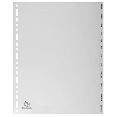 Image of Exacompta Ref. 2812E Gray recycled polypropylene dividers with 12 monthly printed tabs from January to December A4 maxi format Dimensions 24.5 x 29.7 cm Blue Angel certified