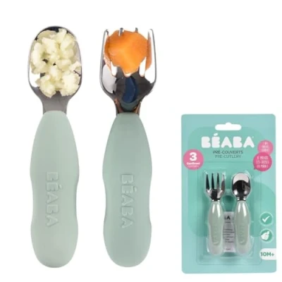 Image of BEABA, Set of 2 Stainless Steel and Silicone Cutlery Sets, Baby Cutlery, Children&#039;s from 10 Months, Ergonomic Shape, Handle, Learning Sage Green