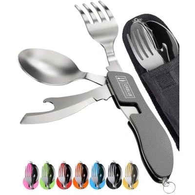 Image of Orblue 4 in 1 Camping Utensils, 2 Pack Portable Stainless Steel Spoon, Fork, Knife &amp; Bottle Opener Combo Set Travel, Backpacking Cutlery Multitool, Gray