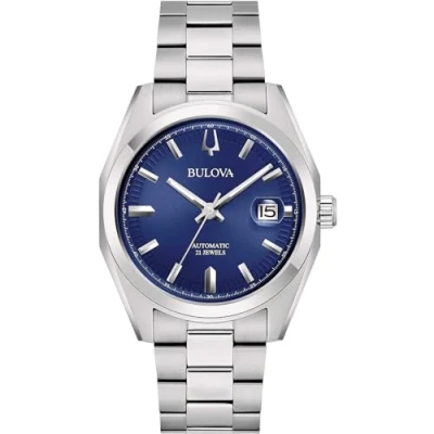 Image of Bulova Surveyor automatic men&#039;s watch, blue background, 96B436, steel case and bracelet