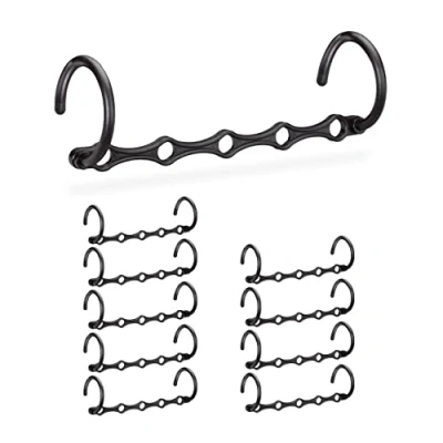 Image of Relaxdays Space Saver Clothes Hanger Set of 10, Hook Organiser for 5 Pieces, Horizontal or Vertical Use, 37 cm, Black, PP, 7.5 x 2 10029444