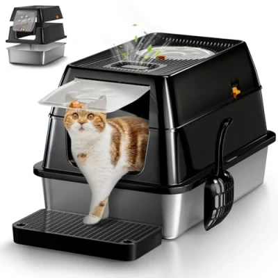 Image of Stainless Steel Cat Litter Tray with Lid, Extra Large Tray, XXL Enclosed Box High Sided, for Big Cats, Removable Lid &amp;Scoop Black