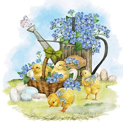 Image of 20 Napkins, Chicks to Forget me nots, Flowers, Spring, Easter, Table Decoration, decoupage, Napkin Technology, 33 x cm