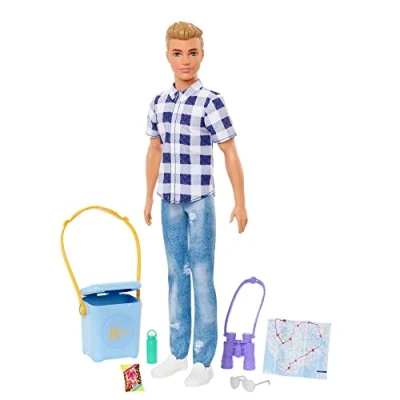 Image of Barbie It Takes Two Ken Camping Doll Wearing Plaid Shirt, Jeans and White Sneakers, with Accessories, Toy for 3 Year Olds &amp; Up, HHR66