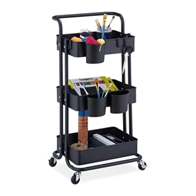 Image of Storage Trolley, 3 Shelves, All Purpose, Rolling Shelf h x w d approx. 86 38 39 cm, Metal, Black Relaxdays