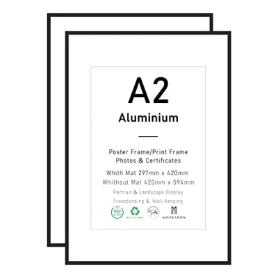 Image of A2 Black Aluminium Certificate Frame,2 Pack Poster Frame with Plexiglass Front , 42x59cm CM Photo Picture for Wall Mounted,Set of 2