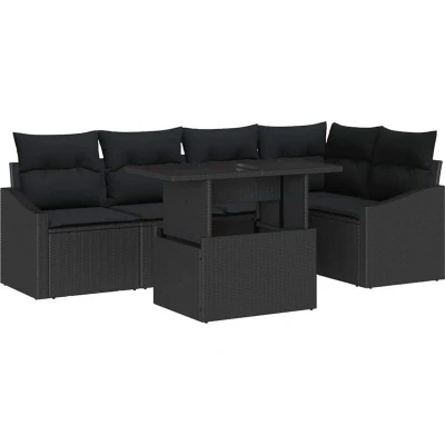 Image of vidaXL 6 Piece Garden Sofa Set with Cushions Black Poly Rattan