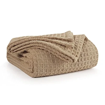 Image of EHC Luxuriously Soft Chunky Waffle Cotton Throws Extra Large Sofa Bed, Sofa, Couch Blanket Bedspread, King size, 225 x 250 cm Beige