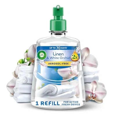 Image of Air Wick Linen &amp; White Orchid Aerosol Free Automatic Spray Refill 228ml, Lasts up to 70 days, Freshener