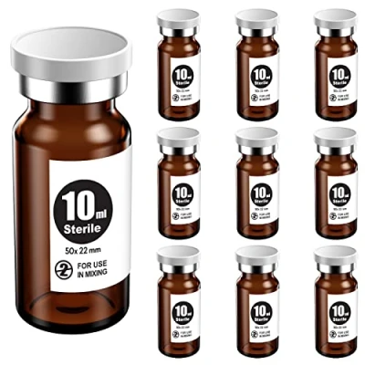 Image of Ks Tek Sterile Empty Vials with Self Healing Injection Port,with Flip Off Aluminum Cap,Sterile Package (10ml Amber,10)