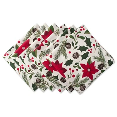 Image of DII Woodland Holly Christmas Holiday Kitchen &amp; Table Décor, Napkin Set, 20x20, Poinsettia Greenery, 6 Count
