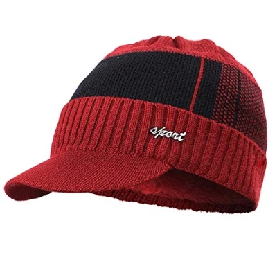 Image of Yixda Men&#039;s Winter Warm Beanie Hat Knitted Cap with Peak, wine red, One Size
