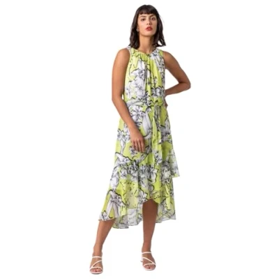 Image of Roman Womens Floral Tie Waist Dipped Hem Dress Lime Green Size 12 UK