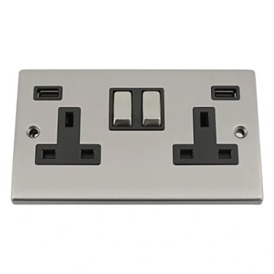 Image of USB Socket 2 Gang Brushed Satin Square Black Insert Metal Rocker (3100mA)
