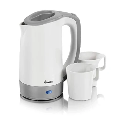 Image of Swan Dual Voltage Travel Kettle with Two Tea Cups, 0.5 Litre Capacity, 125 600 W, Lightweight, White/Grey, SK19011N