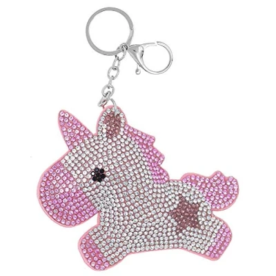 Image of Key Fob Unicorn Glitter Pink Pendant Rhinestone Bag Charm with Ring and Carabiner Hook