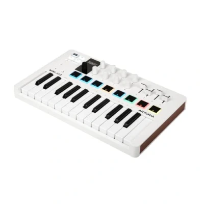 Image of Arturia MiniLab 3 Universal MIDI Controller for Music Production, with All in One Software Package 25 Keys, 8 Multi Color Pads. White