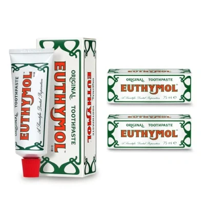 Image of Euthymol Original Toothpaste 75ml x 2, Fluoride Free, Anti Plaque, Antibacterial, Cavity Protection, Teeth &amp; Gums Clean and Healthy, Cool Mint Refresh, Daily Oral Enamel Dental Care