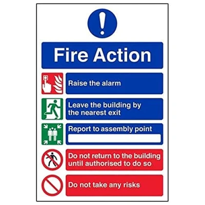 Image of V Safety General Fire Action 5 Message Risks Sign Portrait 200mm x 300mm Self Adhesive Vinyl
