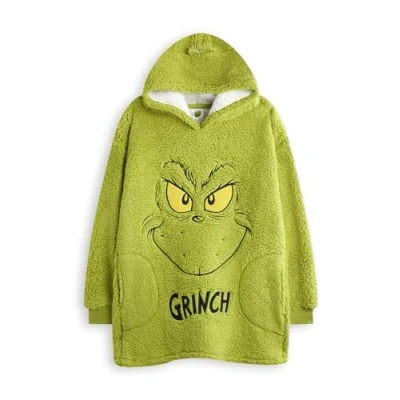 Image of The Grinch Kids Wearable Blanket Hoodie Childrens Hooded Fleece Pullover in Green with Character Face &amp; Fur Hair Sherpa Lined Loungewear Pockets Christmas Movie Merchandise Gift