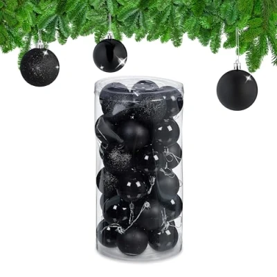 Image of Relaxdays Christmas Bauble Set of 30, Glittery, Matt &amp; Shiny Ornaments, Plastic Xmas Tree Balls, HxD: 7 x 6 cm, Black