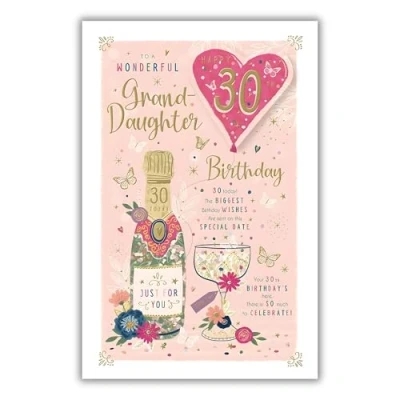 Image of Granddaughter 30th Birthday Card Age 30 Wonderful Special Finishes Contemporary Floral Design Embellishments and Illustrated Insert Leaf Made in the UK Eco Friendly