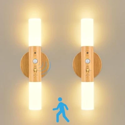 Image of GuKKK Indoor Wall Light, Pack of 2, USB Rechargeable Wood, with Motion Sensor, Induction, Battery LED Lamp, Warm White, Wireless Lights, Switch for