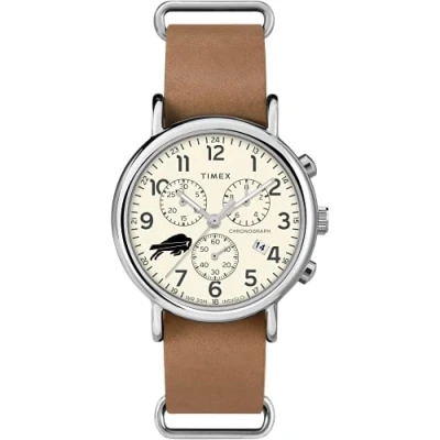 Image of Timex Tribute Men&#039;s NFL Weekender Chrono 40mm Quartz Leather Strap, Buffalo Bills, Military