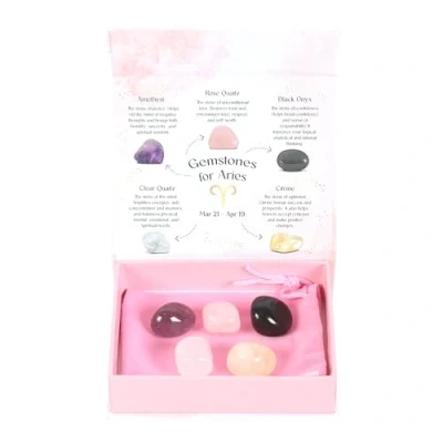 Image of Aries Zodiac Crystals Tumblestone Set with Rose Quartz for Love, Amethyst Peace, and Black Onyx Confidence