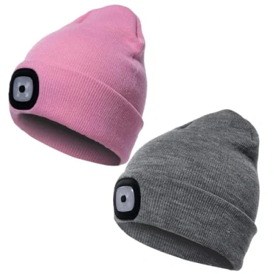 Image of Keanu Pack of 2 Adults LED Beanie Hats Mens Ladies Winter Knit with Glowing Light Torch Black, Hi Viz Neon Yellow, Pink, Grey One Size (Pack Pink/Grey)