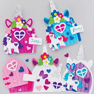 Image of Baker Ross Fairy Door Kits Pack of 4, Unicorn Crafts for Girls (FC421), Assorted