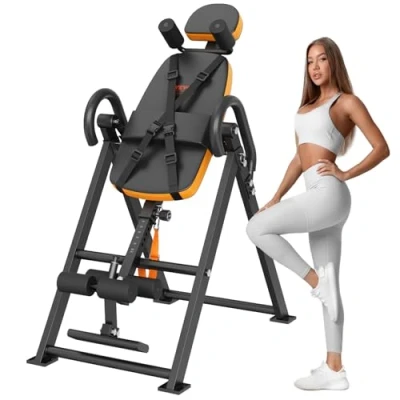 Image of VEVOR Inversion Table, 300lbs Capacity Heavy Duty Decompression Back Stretcher Machine, Strength Training Equipment with Headrest, Ankle Lock, Adjustable Protective Belt, Orange/Black