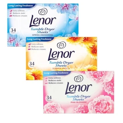 Image of Lenor Tumble Dryer Sheets Bundle, Pack of 3, Spring Awakening, Summer Breeze &amp; Pink Blossom, 34 Each Total 102
