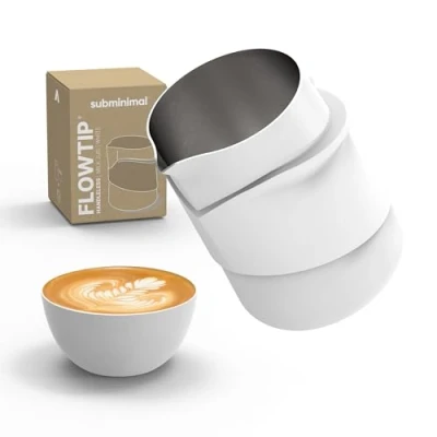 Image of Subminimal FlowTip Handless Jug Stovetop Milk Frothing, Foaming Pitcher for Premium Barista Style Coffee Cappuccino &amp; Latte Art Pouring with Ergonomic Heat Resistant Handle 450ml, White