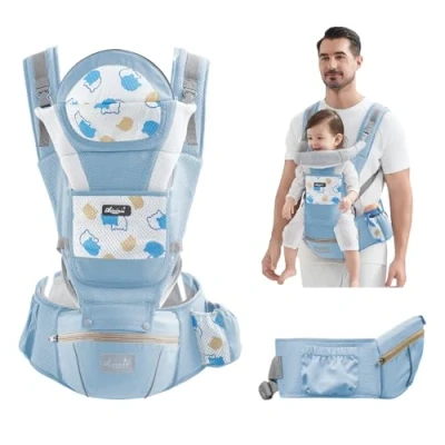 Image of IULONEE Multifunction Baby Carrier Hip Seat Infant Sling Wrap Convertible Toddler with Wide Lightweight Child Ideal for Hands Free Parenting (Blue)
