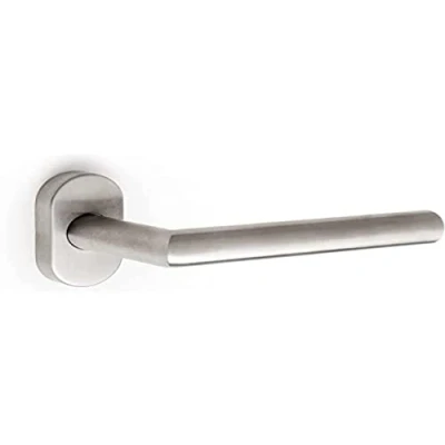 Image of Emuca Internal Door Handles, Batch of 2 Sets Interior Handles with Oval Rose, Straight L Shape, Stainless Steel, Satin Nickel.