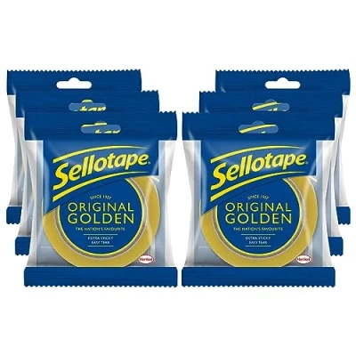 Image of Sellotape Original Golden Multi Purpose Clear Tape for Household Objects Packing Sticking Envelopes or Cards Easy to Use Packaging Tape, 24mmx50m Bulk Buy 6 Pack