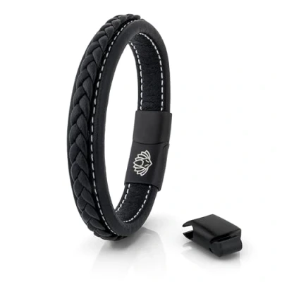 Image of Akitsune Fides Leather Bracelet Link Bangle Trinket Womens Stainless Steel Men Black Matte 18cm