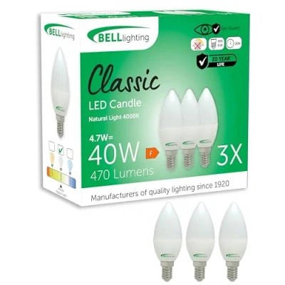 Image of Bell Lighting Small Edison Screw E14 Light Bulb LED Candle 3 Pack Cool White 4000K 470 Lumen 4.7W Energy Saving 40W Halogen Lamp Equivalent Non Dimmable