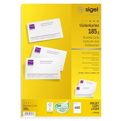 Image of SIGEL DP930, 85x55 mm (A4), Business Cards, mp, 185 gsm, printable, bright White, 600 Piecesequal to60 sheets