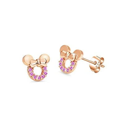 Image of Kaguyo Silver Earrings for women, rose gold plated Sterling Amethyst Green Blue Red Zirconia Cute Mouse Stud Women Girls kids, Design Birthday Gift (pink)